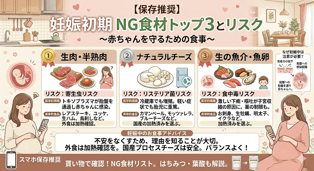 妊娠初期のNG食材トップ3とそのリスクを解説するインフォグラフィック。①生肉・半熟肉（寄生虫リスク：トキソプラズマ症）、②ナチュラルチーズ（リステリア菌リスク：流産・早産・死産）、③生の魚介・魚卵（食中毒リスク：切迫流産・早産）について、医学的根拠と具体的な食品名をイラスト付きで解説。右側に「なぜ妊娠中は注意が必要か」を説明する図解、下部に「妊娠中のお食事アドバイス」を記載。