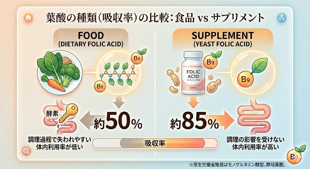 食品に含まれるポリグルタミン酸型葉酸（体内吸収率：約50％）と、サプリメントに配合されるモノグルタミン酸型葉酸（体内吸収率：約85％）の体内吸収率の違いを比較したイラスト