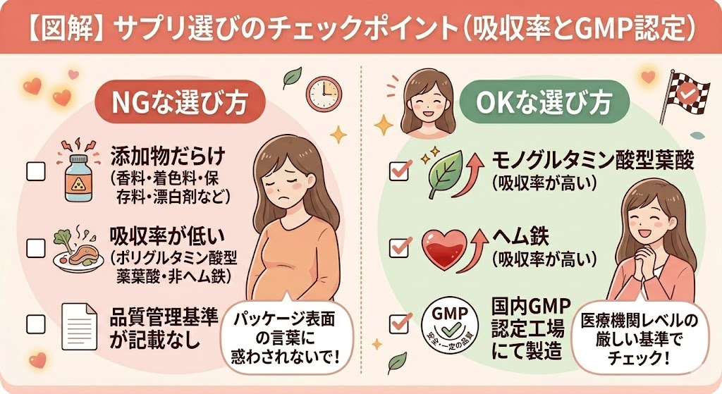妊婦用サプリ選びのチェックポイント図解。左側に添加物や吸収率の低さ（NG）、右側にモノグルタミン酸型葉酸、ヘム鉄、GMP認定工場（OK）という選び方の違いが対比されている。