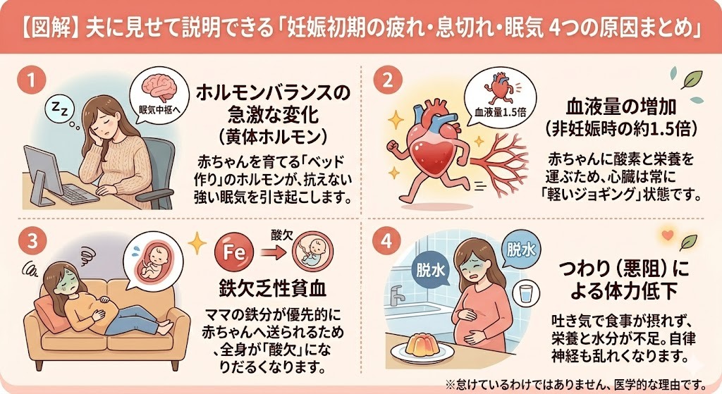 妊娠初期の疲れ・眠気・息切れの原因を解説する4つのインフォグラフィック。1.黄体ホルモンの急増（眠気）、2.血液量1.5倍（動悸・息切れ）、3.鉄欠乏性貧血（だるさ）、4.つわり（体力低下）をイラスト付きでまとめている。