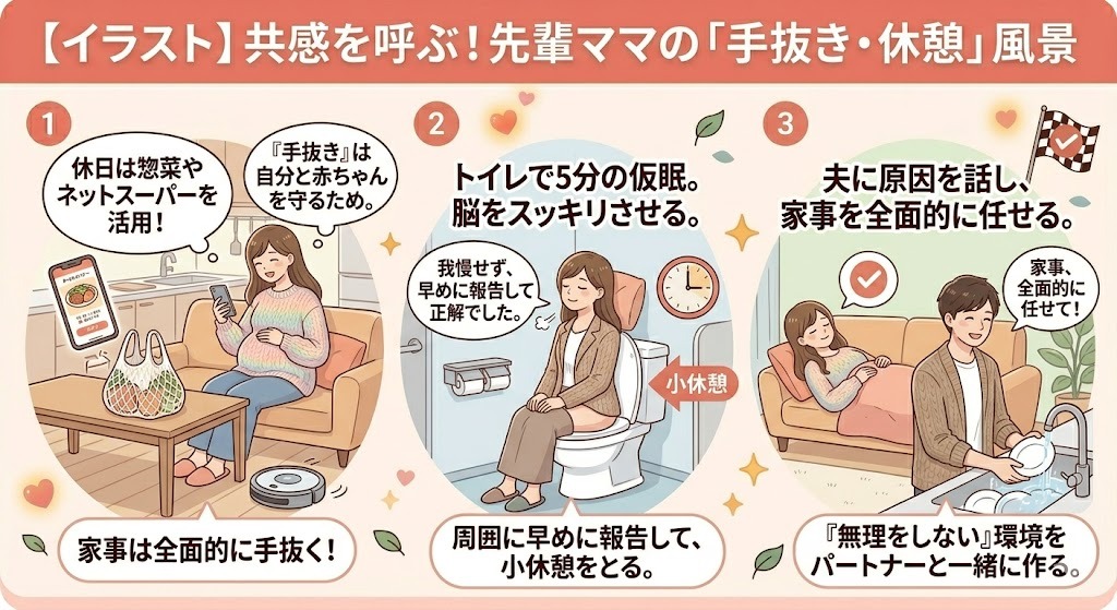 妊娠初期を乗り切る先輩ママのイラスト。1.家事は全面的に手抜く（ネットスーパー活用）、2.周囲に報告して小休憩（トイレでの仮眠）、3.無理をしない環境をパートナーと作る（夫に家事を任せる）の3つのシーンが描かれている。