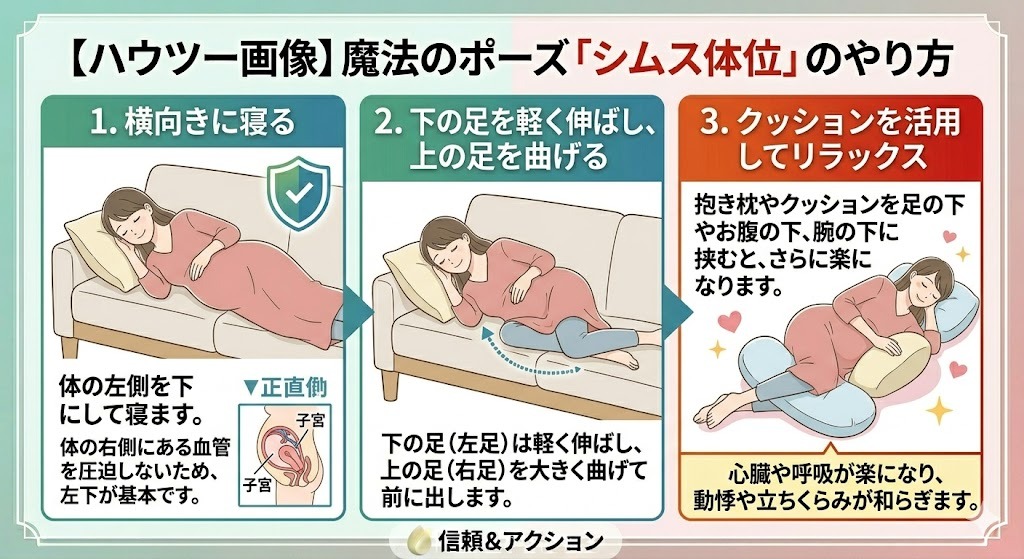 魔法のポーズ「シムス体位」のやり方を示す3ステップのハウツー画像。1.左側を下にして横向きに寝る、2.下の足を軽く伸ばし、上の足を大きく曲げて前に出す、3.クッションを足・お腹・腕の下に挟んでリラックス。下部に「心臓や呼吸が楽になり、動悸や立ちくらみが和らぎます」のメッセージ。