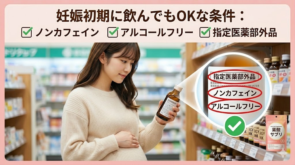 薬局で栄養ドリンクのラベル裏面(成分表示)を確認する妊婦。ノンカフェイン、アルコールフリー、指定医薬部外品の表記を虫眼鏡でチェックしているイラスト。