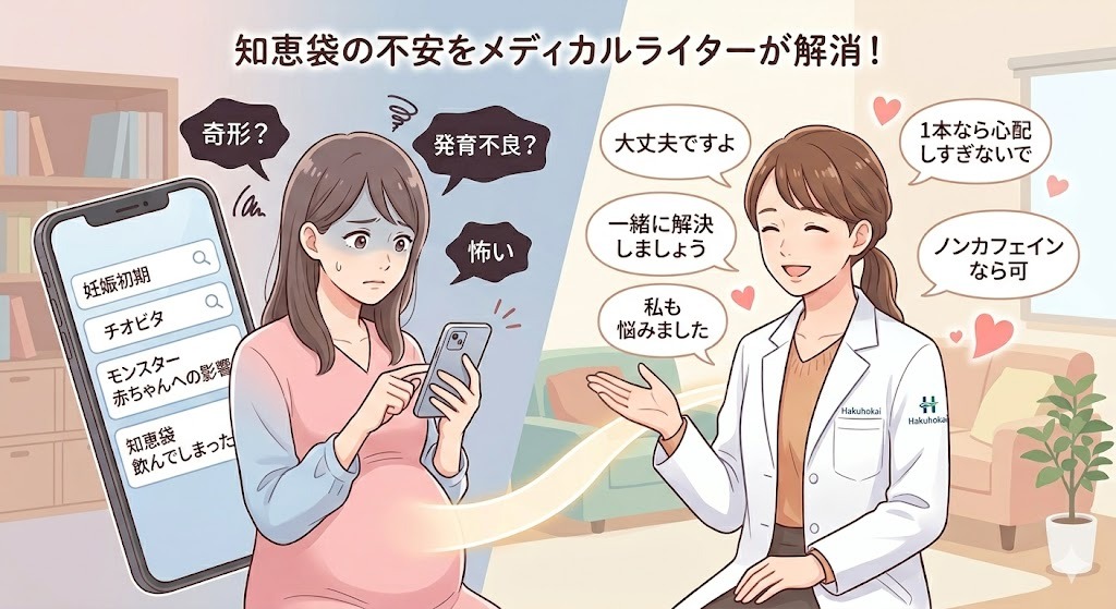 妊娠初期に栄養ドリンクを飲んでしまいスマホで知恵袋を見て不安になる妊婦と、笑顔で優しく解説する女性メディカルライターのイラスト。