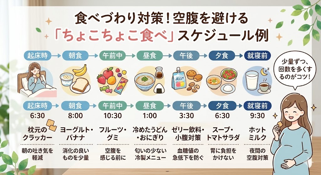 妊娠初期の食べづわり対策「ちょこちょこ食べ」の1日スケジュール例。起床時のクラッカーから、朝食のヨーグルト、間食のグミ、昼食の冷やしうどん、夕食のスープ、就寝前のホットミルクまで、1日6回に分けて少量ずつ食べ、空腹を避ける工夫を図解。