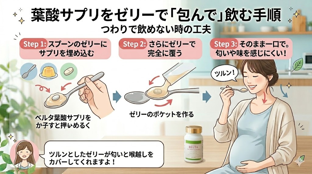 つわりでサプリが飲めない時の工夫、ゼリーで包んで飲む手順。ステップ1：スプーンのゼリーにベルタ葉酸サプリを押し込む。ステップ2：さらに上からゼリーをかけてサプリを完全に覆う。ステップ3：匂いや味を感じる前に、そのまま一口でツルンと飲み込む方法をイラストで解説。