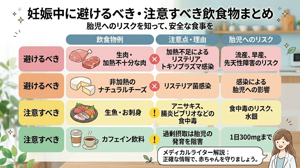 妊娠中に避けるべき・注意すべき飲食物まとめ表。リステリア菌やトキソプラズマ感染リスクのある生肉や非加熱のナチュラルチーズは「避けるべき」。アニサキス等のリスクがある生魚・お刺身、過剰摂取に注意が必要なカフェイン飲料は「注意すべき」として、胎児へのリスクを解説。