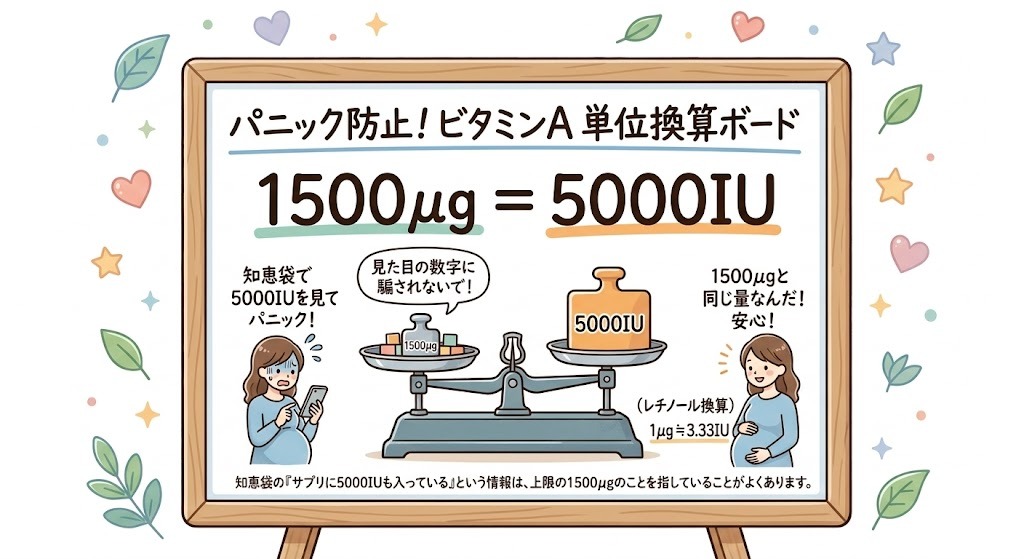 ビタミンAの摂取上限量1500μg RAE(動物性レチノール)が国際単位5000IUと同じ量であることを示す「パニック防止!単位換算ボード」。天秤図解、換算式(1μg ≒ 3.33IU)、知恵袋での勘違いに関する補足。