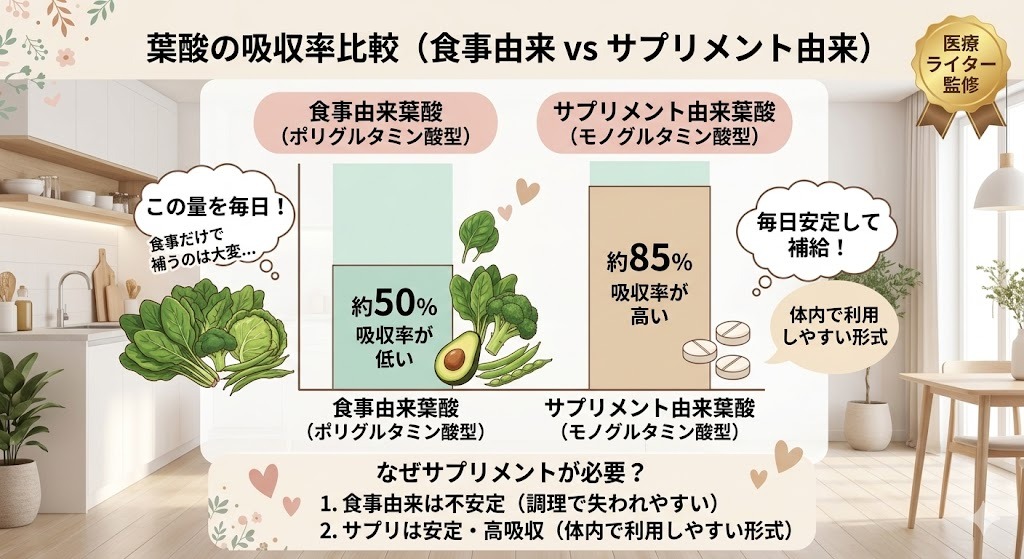 「葉酸の吸収率比較（食事由来 vs サプリメント由来）」をテーマにしたインフォグラフィック。食事由来の葉酸（ポリグルタミン酸型）は吸収率が約50％と低く毎日食事だけで補うのは大変であることをイラストとデータで説明。一方で、サプリメント由来の葉酸（モノグルタミン酸型）は吸収率が約85％と高く、毎日安定して補給でき体内で利用しやすい形式であることを解説。下部に「なぜサプリメントが必要か」を簡潔にまとめ、上部に「医療ライター監修」のメダルを表示。