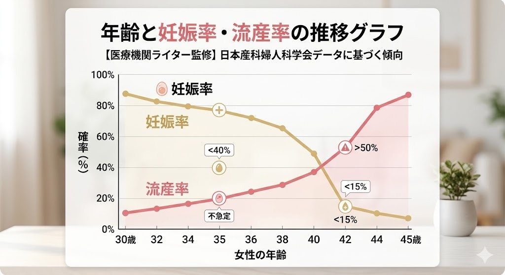 女性の年齢が上がるにつれて妊娠率が低下し、流産率が上昇する傾向を示す折れ線グラフ（日本産科婦人科学会のデータに基づく）。