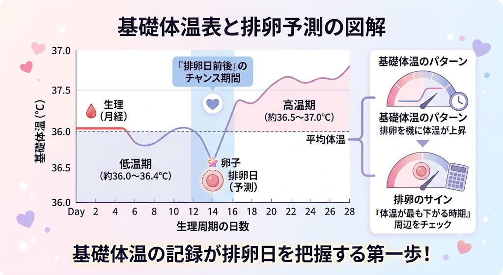基礎体温表の低温期から高温期への移行グラフと、排卵日予測のチャンス期間を示す図解