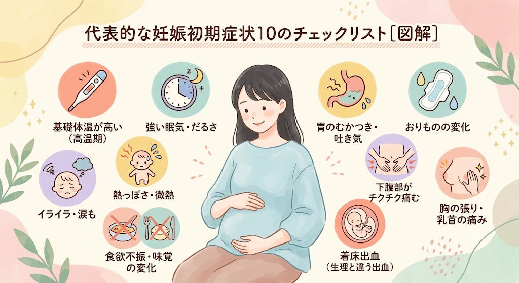 基礎体温の高温期、強い眠気、おりものの変化、着床出血など、代表的な妊娠初期症状10項目のイラスト一覧