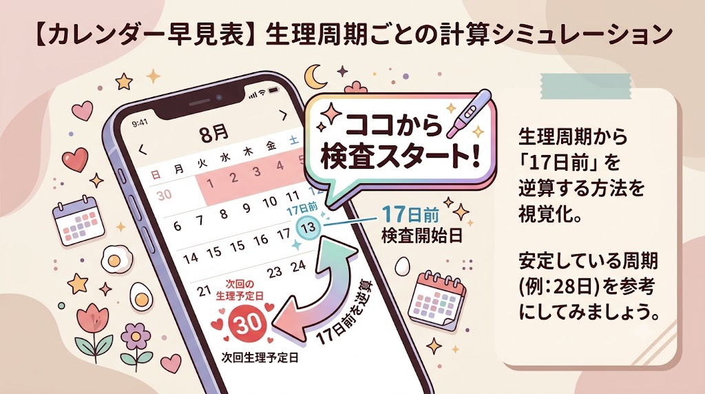 生理周期ごとの排卵検査薬の開始日計算シミュレーション。スマホのカレンダーを使って17日前を逆算するカレンダー早見表の図解
