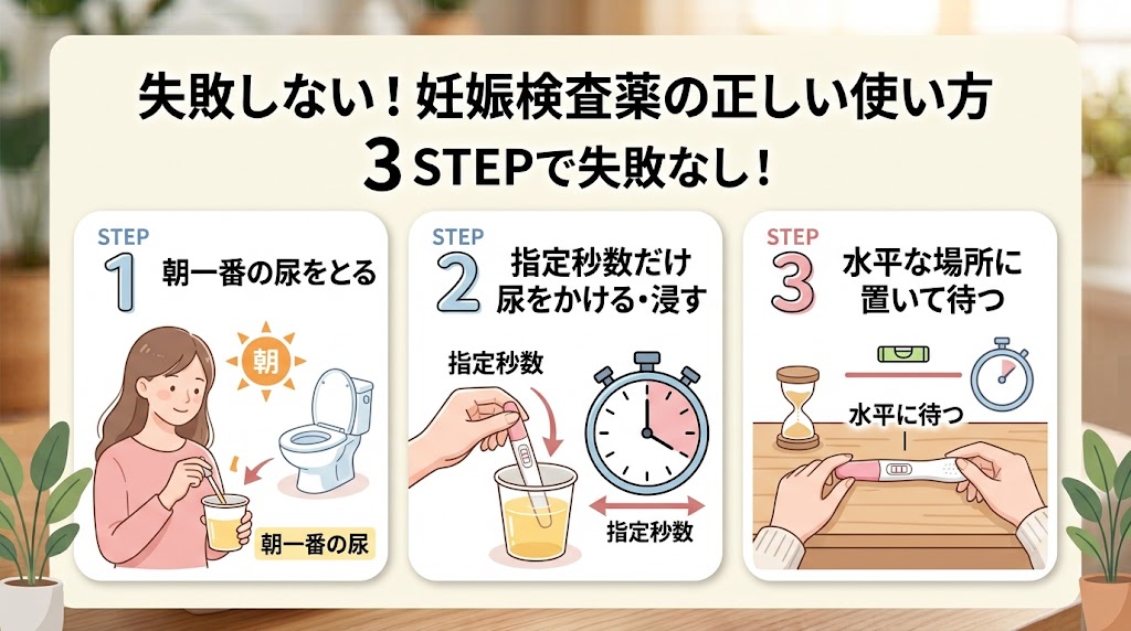 失敗しない妊娠検査薬の正しい使い方3ステップ（朝一番の尿をとる、指定秒数浸す、水平に待つ）