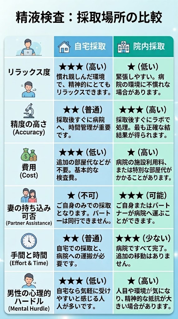 精液検査における自宅採取と院内採取の比較表。リラックス度、精度の高さ、費用、妻の同行可否、男性の心理的ハードルなどの違い
