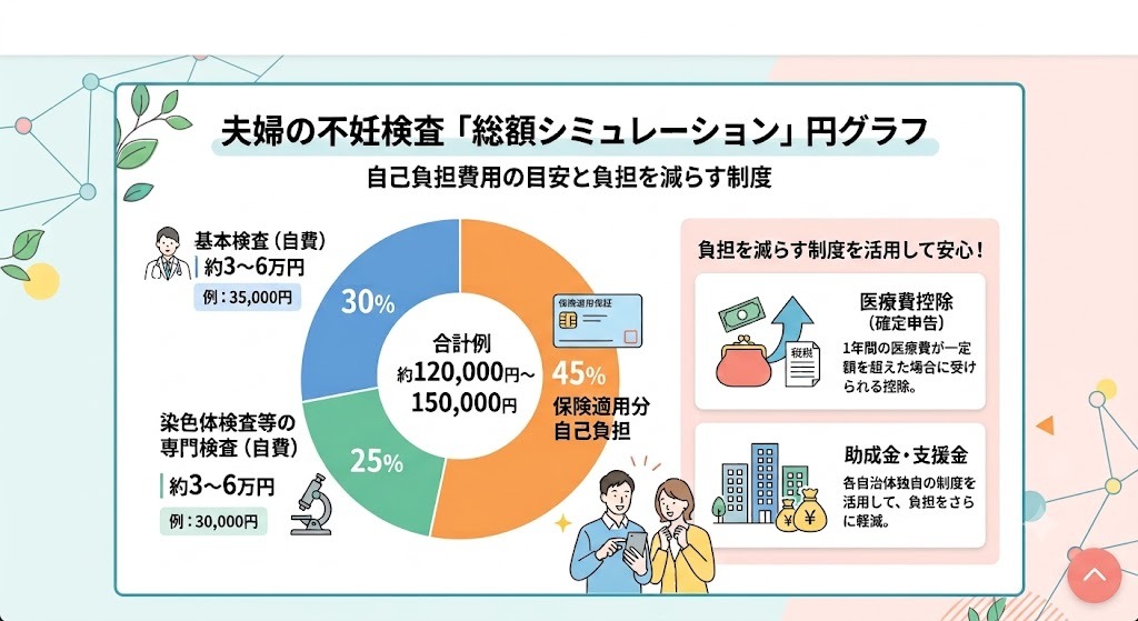 夫婦で不妊検査を受けた場合の総額費用シミュレーション円グラフ。基本検査と染色体検査の自費費用内訳、および医療費控除や助成金など負担を減らす制度の紹介