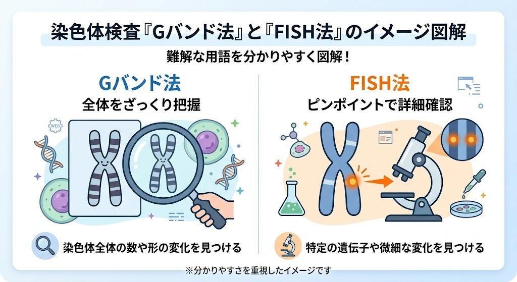 染色体検査のGバンド法とFISH法の違いを図解。Gバンド法は染色体全体をざっくり把握し、FISH法は特定の遺伝子や微細な変化をピンポイントで詳細確認するイメージ