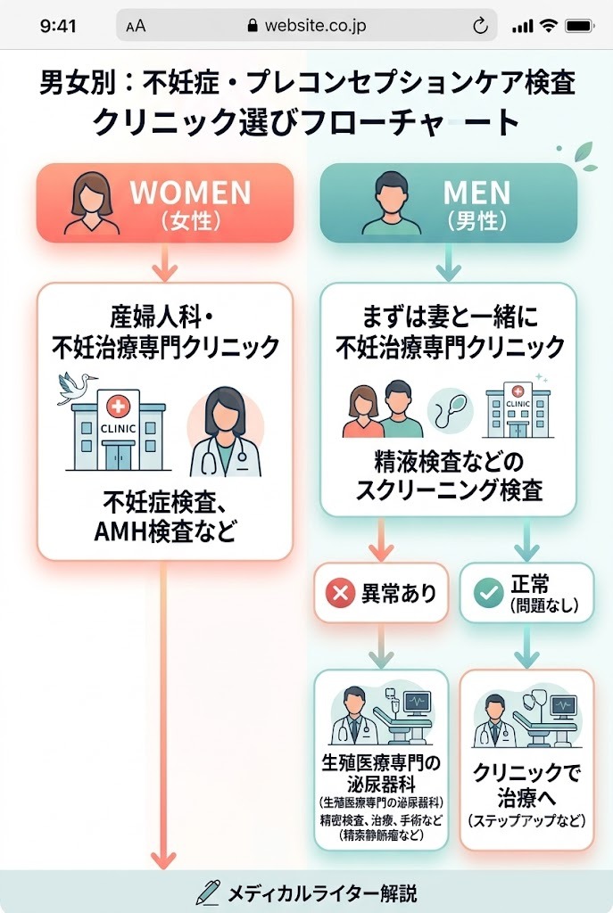 男女別・不妊検査とブライダルチェックのクリニック選びフローチャート。女性は産婦人科へ、男性は妻と一緒に不妊治療専門クリニックを受診し、異常があれば泌尿器科へ行く流れ