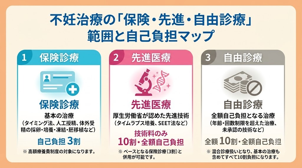 不妊治療における「保険診療」「先進医療」「自由診療」の3つの区分と、それぞれの自己負担割合の違いを並列で整理したカード型イラスト。

ブルーの「保険診療（自己負担3割・高額療養費対象）」、ピンクの「先進医療（技術料のみ10割自己負担・保険診療と併用可）」、グレーの「自由診療（全額10割自己負担・混合診療時はすべて10割負担）」が、具体的な治療例（タイミング法、タイムラプス、年齢超過等）とともに比較されています。