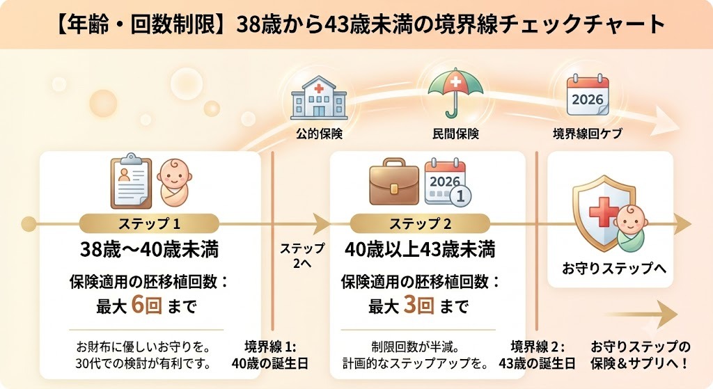 不妊治療・体外受精の年齢制限と胚移植の上限回数の変化を示したステップ型のタイムライン図。

治療開始が「38歳〜40歳未満（ステップ1）」であれば胚移植の保険適用は最大6回までとなり、「40歳以上43歳未満（ステップ2）」になると最大3回に半減する仕組みと、それぞれの境界線（40歳の誕生日、43歳の誕生日）を直感的に説明しています。