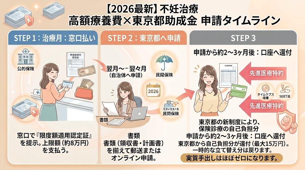 高額療養費制度と東京都の新助成金制度（2026年4月開始）を組み合わせた、窓口での支払いから口座への還付までの時系列タイムライン。

STEP1（治療月に限度額適用認定証を提示し窓口で約8万円支払い）、STEP2（翌月〜翌々月に必要書類を揃えて郵送またはオンライン申請）、STEP3（申請から約2〜3ヶ月後に最大15万円が口座に還付され、一時的な立て替え分が戻ることで実質手出しがほぼゼロになる流れ）がイラスト付きでわかりやすく描かれています。