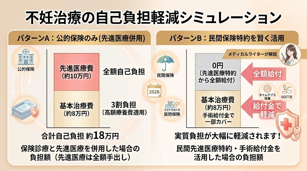 先進医療を併用した体外受精において、民間保険の特約を活用した場合の自己負担額の軽減シミュレーション図。

パターンA（公的保険のみ）では、基本治療費8万＋先進医療費10万で合計18万円が自己負担になるのに対し、パターンB（民間保険特約を活用）では先進医療費が全額給付で0円になり、基本治療費も手術給付金で一部カバーされて実質負担が大幅に抑えられる様子を積み上げ棒グラフで表しています。