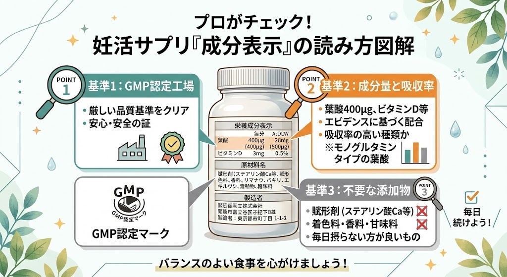 サプリメントの成分表示の読み方について、GMPマーク、成分量と吸収率（モノグルタミン酸型葉酸）、不要な添加物の3ポイントを解説するイラスト図解。