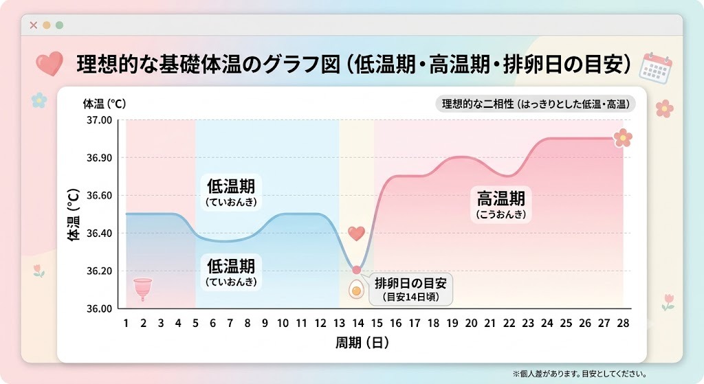 理想的な基礎体温の推移を示すグラフ図。月経開始からの「低温期」、体温がぐっと下がる14日頃の「排卵日の目安」、その後に体温が上昇する「高温期」へと移行する、妊娠しやすい理想的な「二相性」のパターンを図解しています。