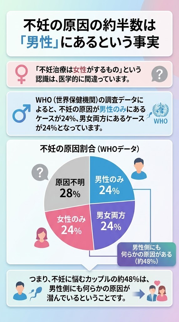 WHO（世界保健機関）の調査データに基づく不妊の原因割合を示す円グラフ。不妊の原因は「男性のみ」が24%、「男女両方」が24%であり、全体の約48%は男性側にも原因があるという事実を解説しています。