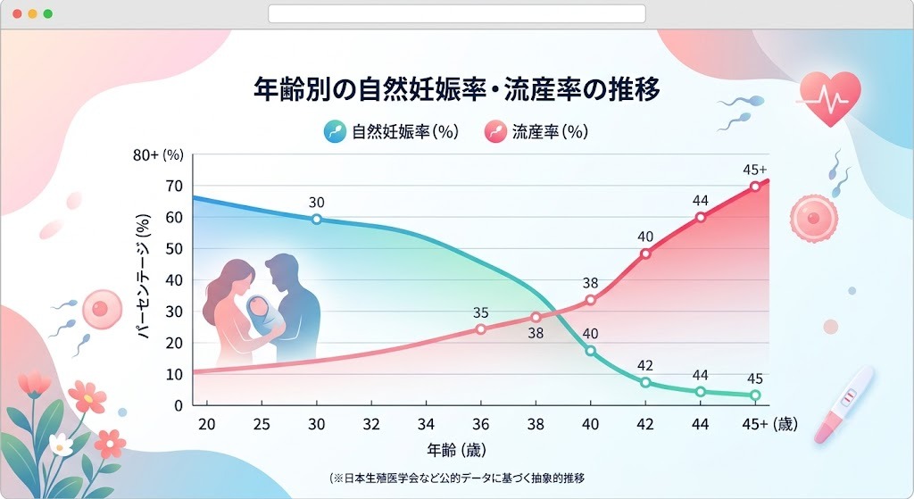年齢別の自然妊娠率と流産率の推移を示す折れ線グラフ。20代〜30代前半までは自然妊娠率が高いものの、35歳を境に妊娠率が低下し、逆に流産率が上昇していく医学的な傾向を公的データに基づき解説しています。