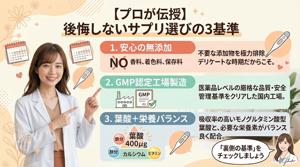 メディカルライターが教える、失敗しない妊活サプリ選びの3基準（無添加・GMP認定工場・栄養バランス）
