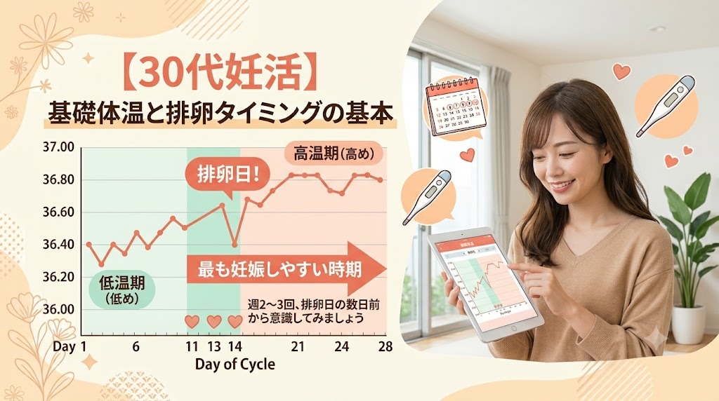 低温期と高温期の二相性を示す基礎体温グラフと、最も妊娠しやすい排卵タイミングの解説図
