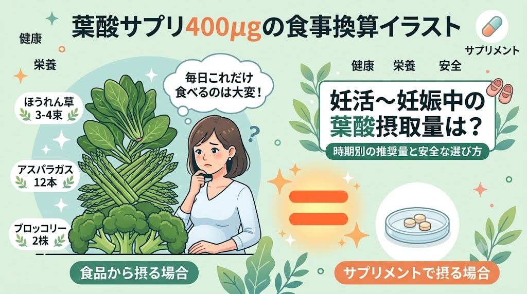 葉酸サプリ400µgを食事（ほうれん草やアスパラガスなど）で摂る場合の換算イラスト