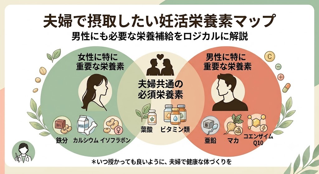 夫婦で摂取したい妊活栄養素マップ。男性には亜鉛やマカ、女性には鉄分やカルシウムが必要です。