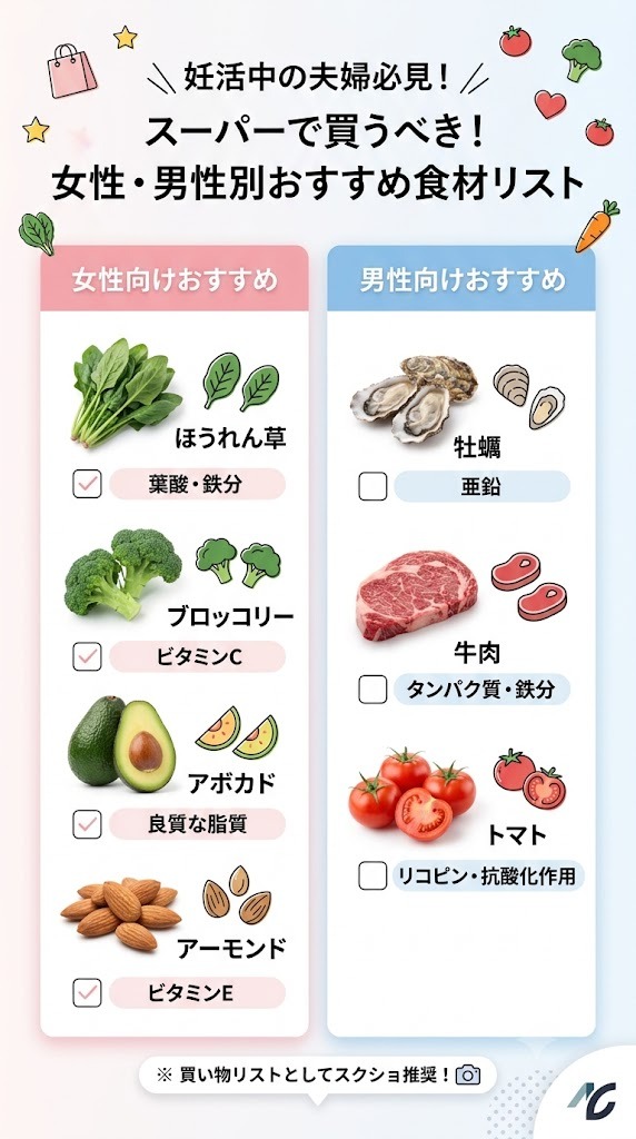 スーパーで買うべき妊活おすすめ食材リスト。女性向け（ほうれん草、ブロッコリー、アボカド、アーモンド）、男性向け（牡蠣、牛肉、トマト）