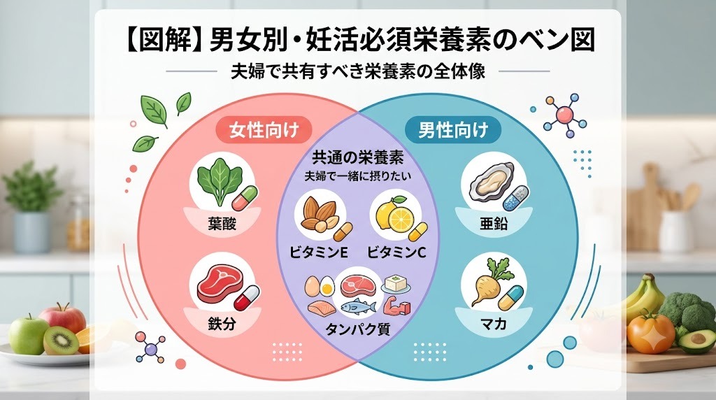 男女別・妊活に必須の栄養素ベン図。女性向け（葉酸・鉄分）、男性向け（亜鉛・マカ）、夫婦共通（ビタミンE・ビタミンC・タンパク質）