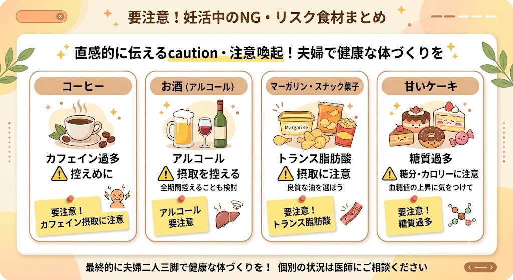 妊活中のNG・注意すべきリスク食材まとめ。コーヒー（カフェイン過多）、お酒（アルコール）、マーガリンやスナック菓子（トランス脂肪酸）、甘いケーキ（糖質過多）に注意