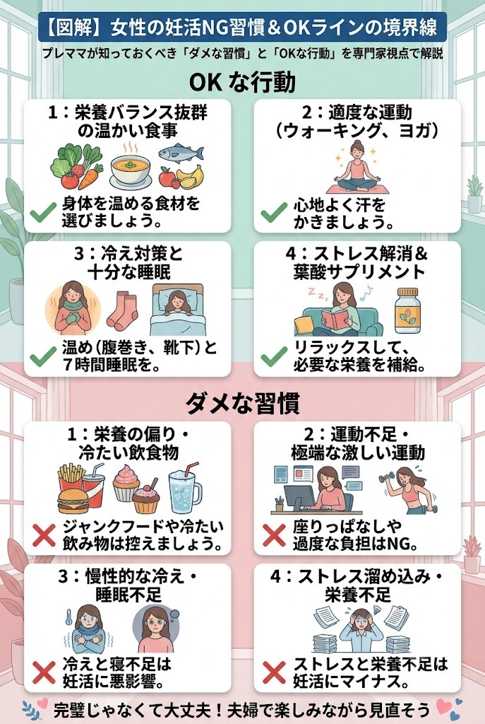 妊活中に女性がやってはいけない事とOKな行動の境界線。プレママが知っておくべき食事や生活習慣の図解