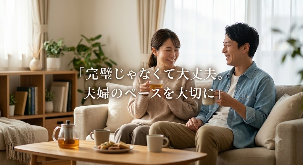 妊活中の「やってはいけない事」に縛られず、リラックスして過ごす女性・男性（夫婦）の写真。「完璧じゃなくて大丈夫」のメッセージ付き