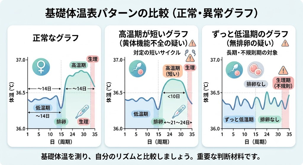 基礎体温表の正常なグラフと異常パターン（高温期が短い・ずっと低温期）の比較図