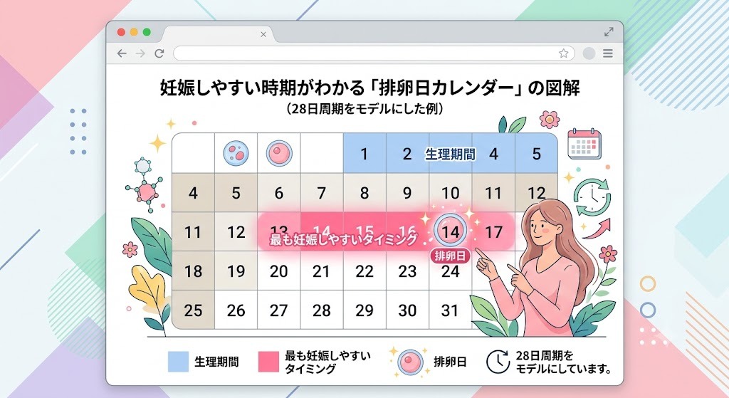 28日周期をモデルにした妊娠しやすい時期（排卵日）が視覚的にわかるカレンダー図