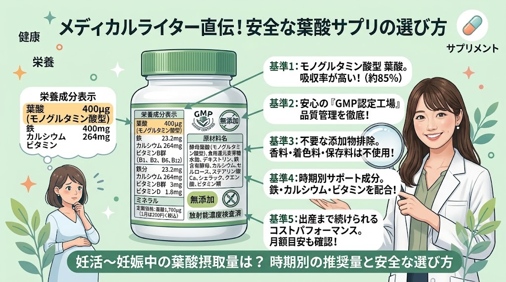 安全な葉酸サプリの選び方・成分表示（モノグルタミン酸型）とGMP・無添加マークの確認方法