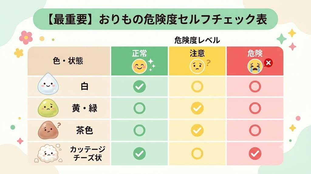正常・異常がすぐに見分けられる、おりものの色(白、黄色・緑色、茶色)や状態(カッテージチーズ状)別の危険度セルフチェック表"