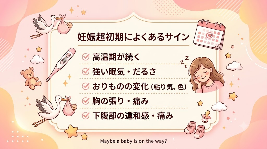 おりものの変化や強い眠気、基礎体温の高温期継続など、妊娠超初期症状によくあるサインをまとめたチェックリスト"