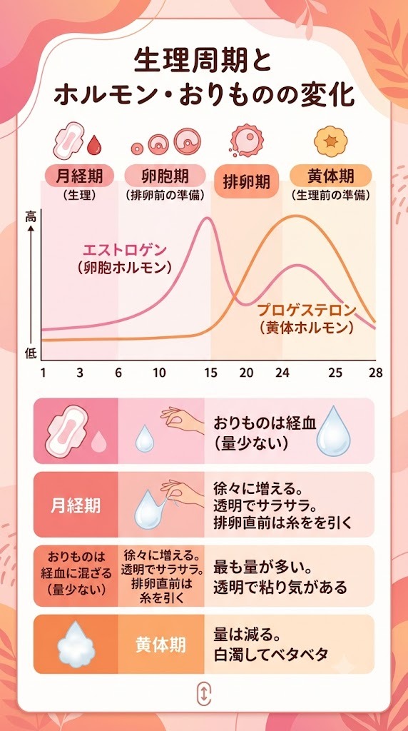 生理周期(排卵期・黄体期)と女性ホルモンの増減に伴う、正常なおりものの量や状態の変化を表したグラフ図解"