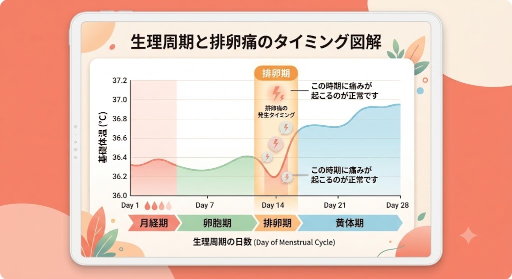 生理周期（月経期・卵胞期・排卵期・黄体期）と基礎体温の変化グラフ。正常な排卵痛が起こるタイミング（排卵期）の図解