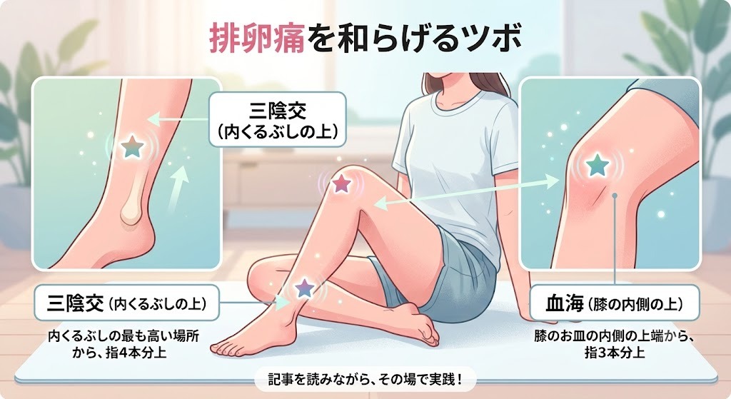 排卵痛を和らげるツボの位置。内くるぶしの上にある「三陰交」と、膝の内側の上にある「血海」を示す足のイラスト図解