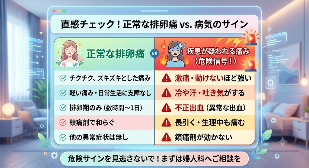 正常な排卵痛と、婦人科疾患が疑われる危険な痛みのサインの見分け方・比較表