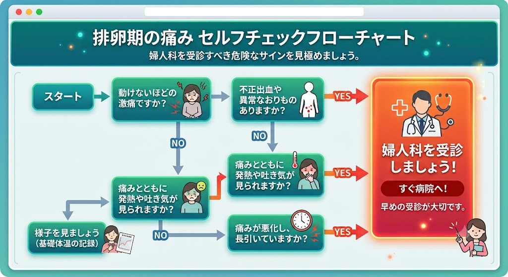 排卵期の痛みセルフチェックフローチャート。激痛、不正出血、発熱など、すぐに婦人科を受診すべき危険なサインの見極め方