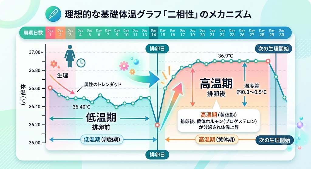 理想的な基礎体温グラフである「二相性」のメカニズム。排卵日を境に低温期と高温期に分かれ、約0.3度〜0.5度の温度差がある状態の図解